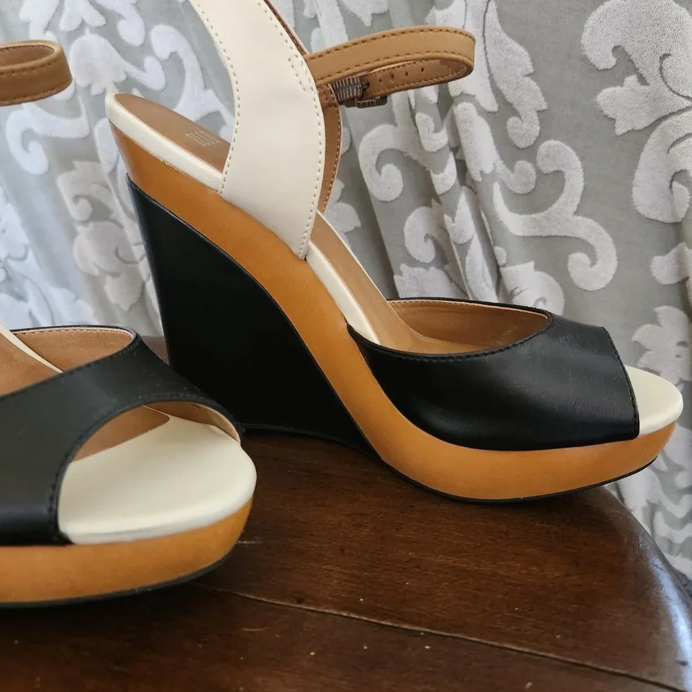 Elle Black, White and Tan Wedge Sandals